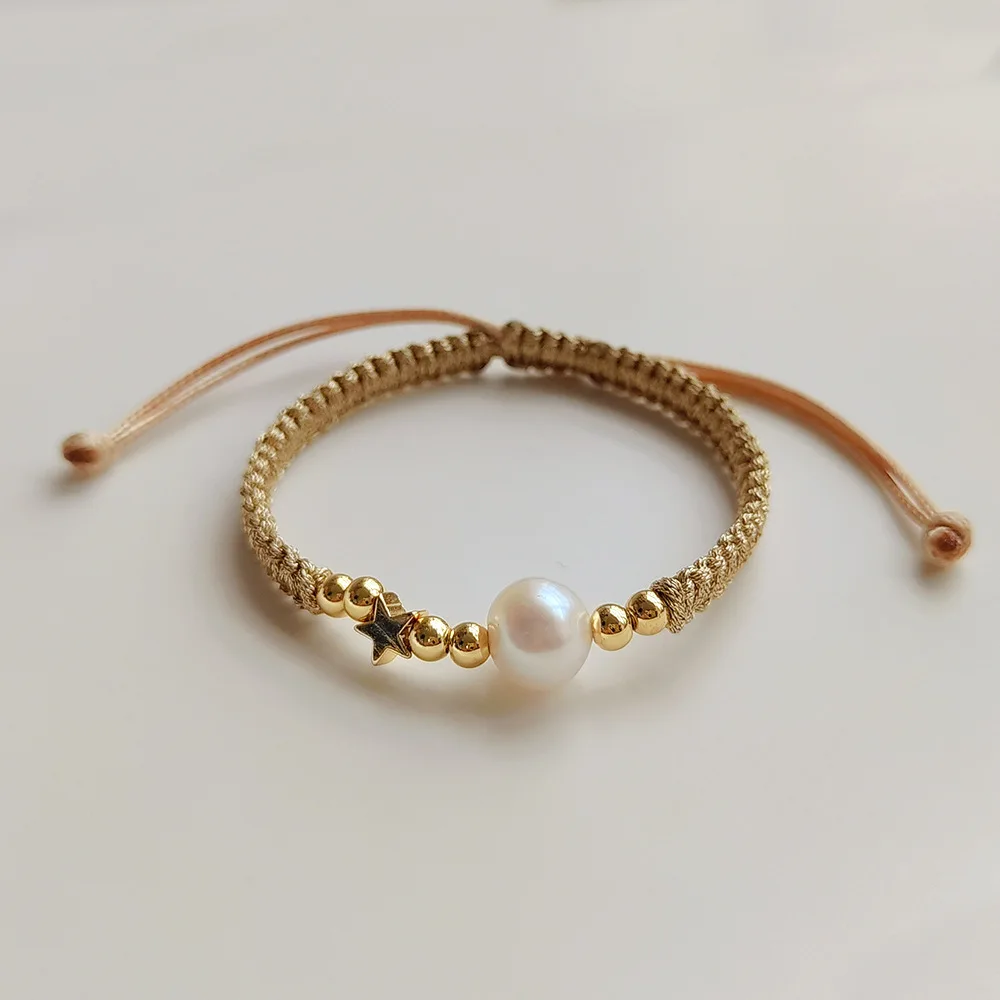 KKBEAD Handmade Braided Woven Pulseras Gold Color Thread Bracelets Natural Pearl Bracelet Smile Face Star Jewelry for Women