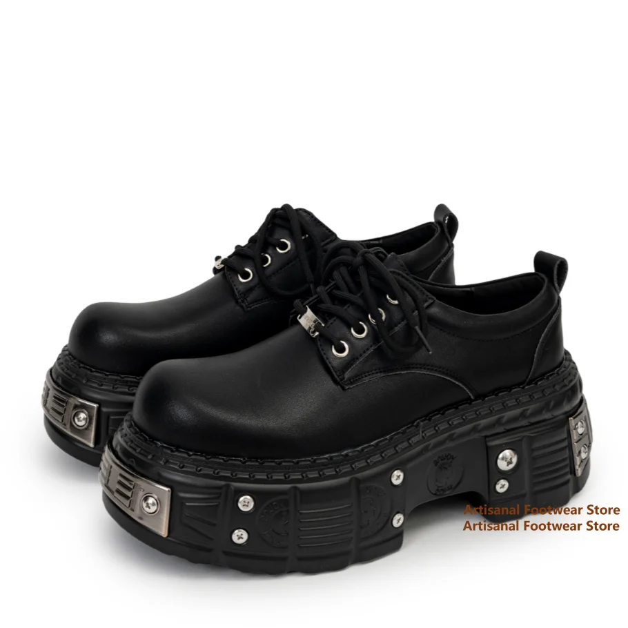 Rivets Thick-Soled Derby Shoes Men's Punk Metal Decor Big Round Toe Leather Casual Shoes Height Increasing Leather Men's Shoes