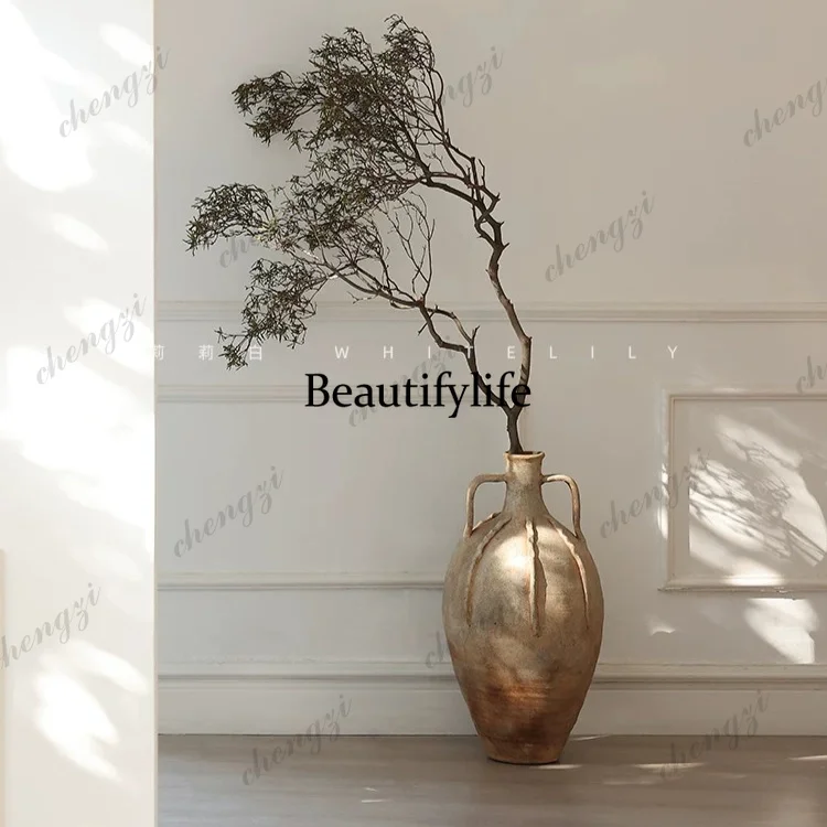 Wabi Sansan wind floor-to-ceiling large vase ceramic ornament living room handmade coarse pottery jar medieval art flower ware