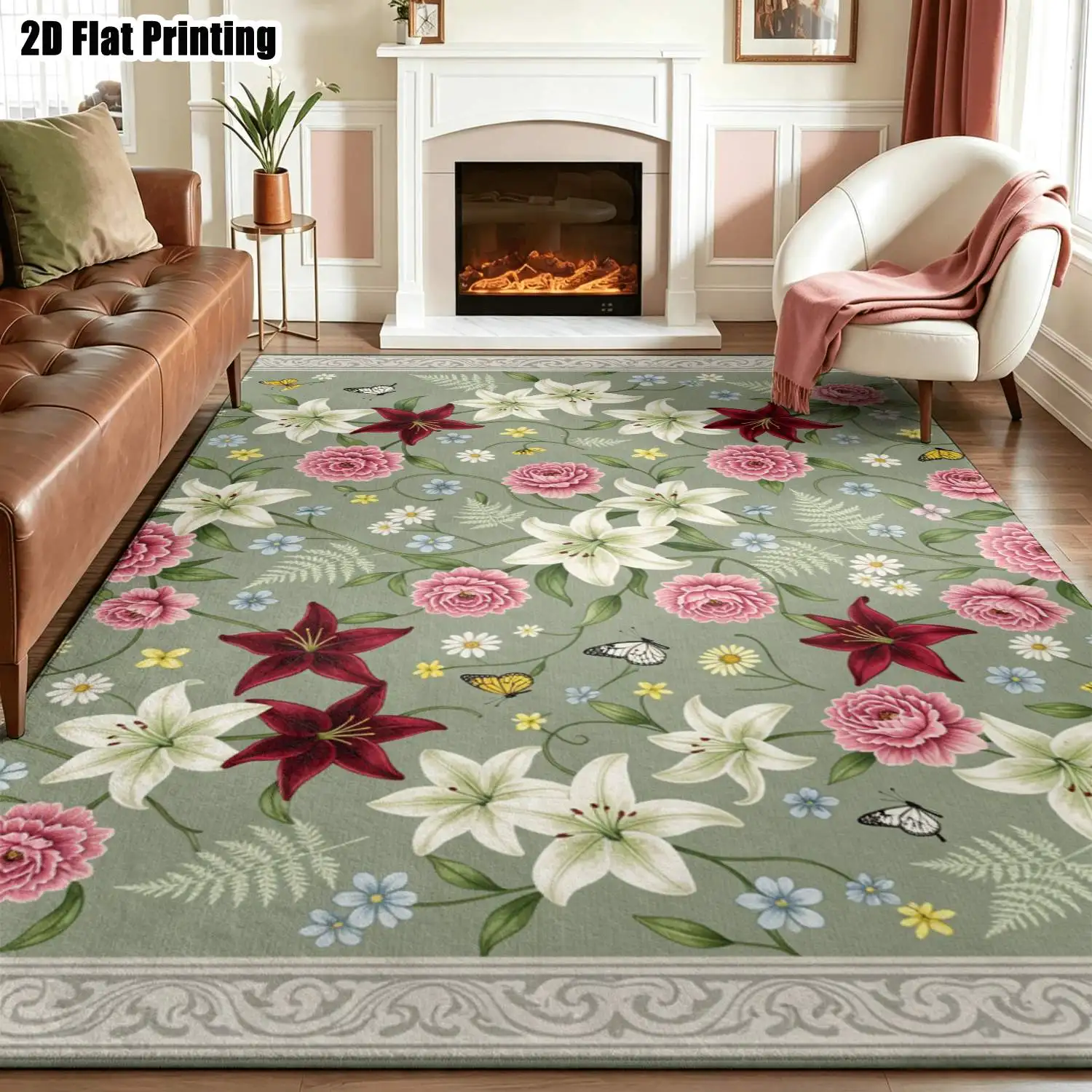 1Pc 2D Printed Green Floral Carpet, Multiple Styles & Sizes, Machine Washable, Ideal for Home Decor and Multi-Scene Use