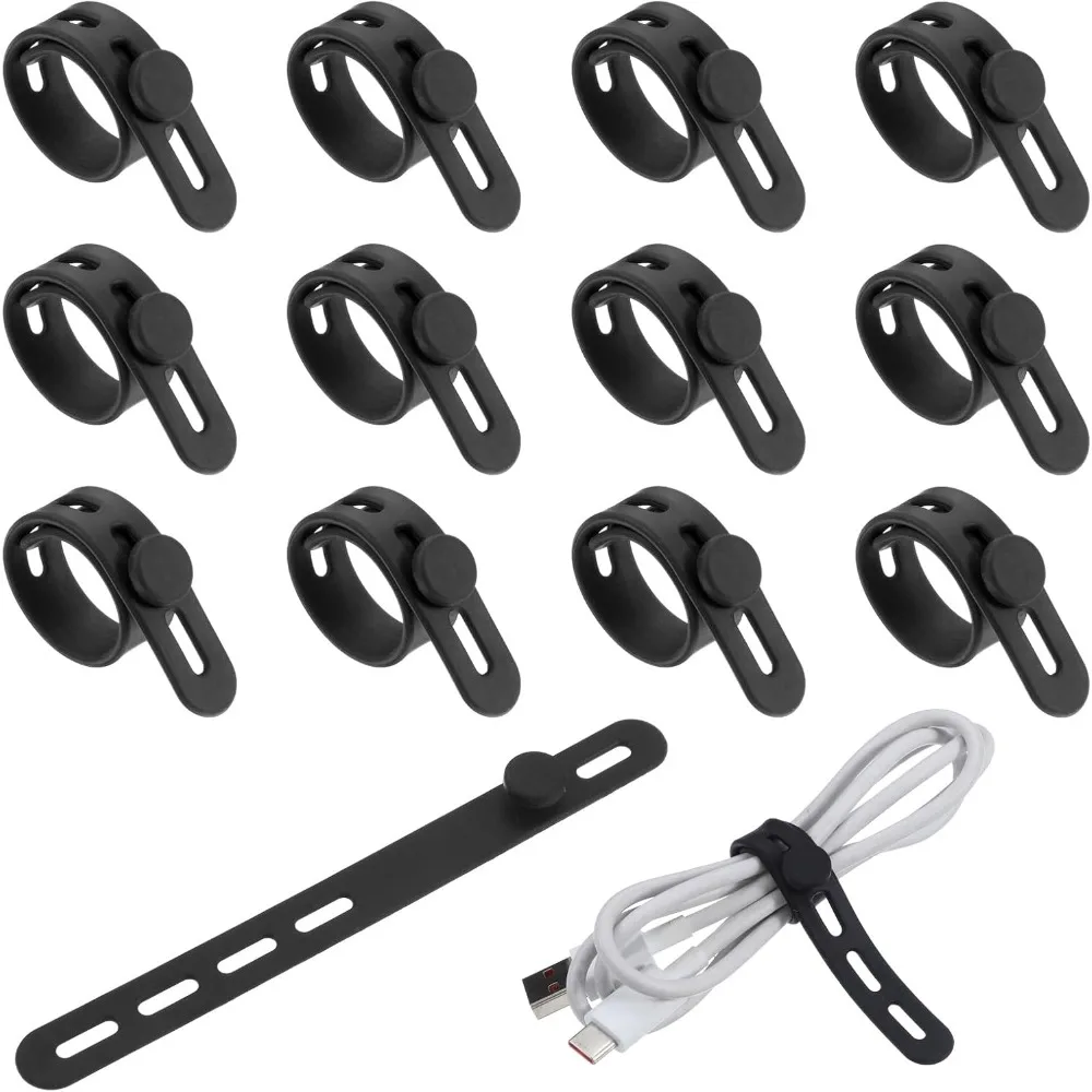 12 قطعة من ربطات كابل السيليكون، ربطات سلكية قابلة لإعادة الاستخدام للإلكترونيات، منظم كابلات البيانات، غلاف سلك مرن (أسود)