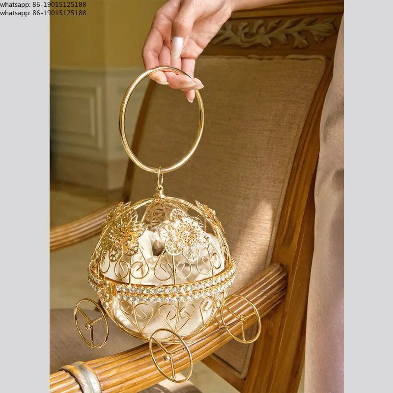 French retro metal pumpkin car bird cage hollow rhinestone pearl versatile banquet hand bag