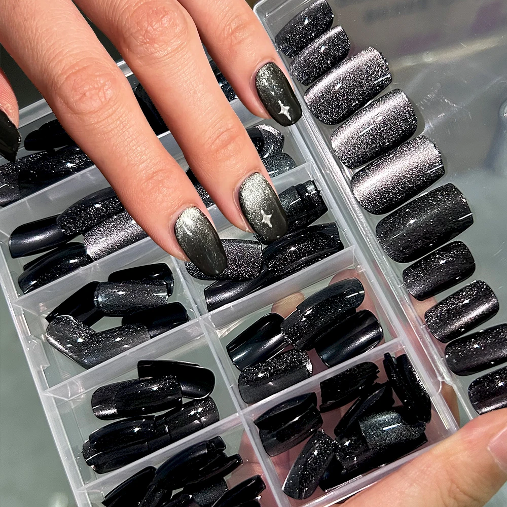 

120 шт., черные, серебряные короткие накладные ногти «кошачий глаз», супер блестящие серебряные хайлайтеры, квадратные накладные ногти с полным покрытием, накладные ногти в стиле панк