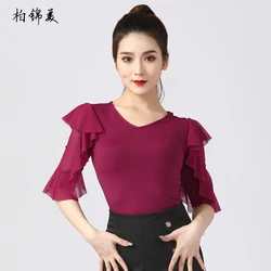 Latin dance shirt female adult new modern dance performance costume competition national standard V-neck lotus sleeve competitio