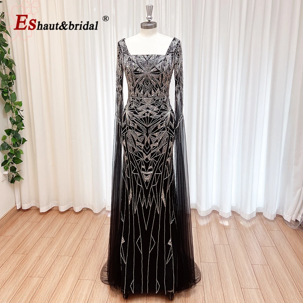 Elegant Arabic Mermaid Beads Evening Dress for Women Cape Sleeves 2024 Luxury Long Formal Prom Wedding Party Gowns Customized