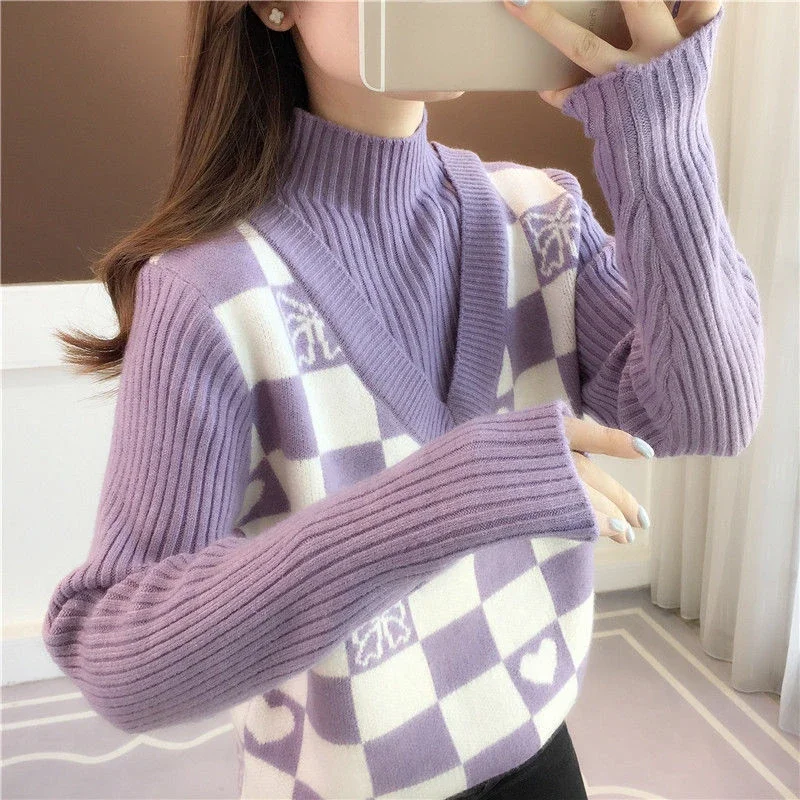 DAYIFUN-Mock Neck Sweaters,Winter,Plaid Bow Splicing,Fake Two-piece Design Jumpers,Autumn Winter,2025 New,Knitted Pullovers Tops