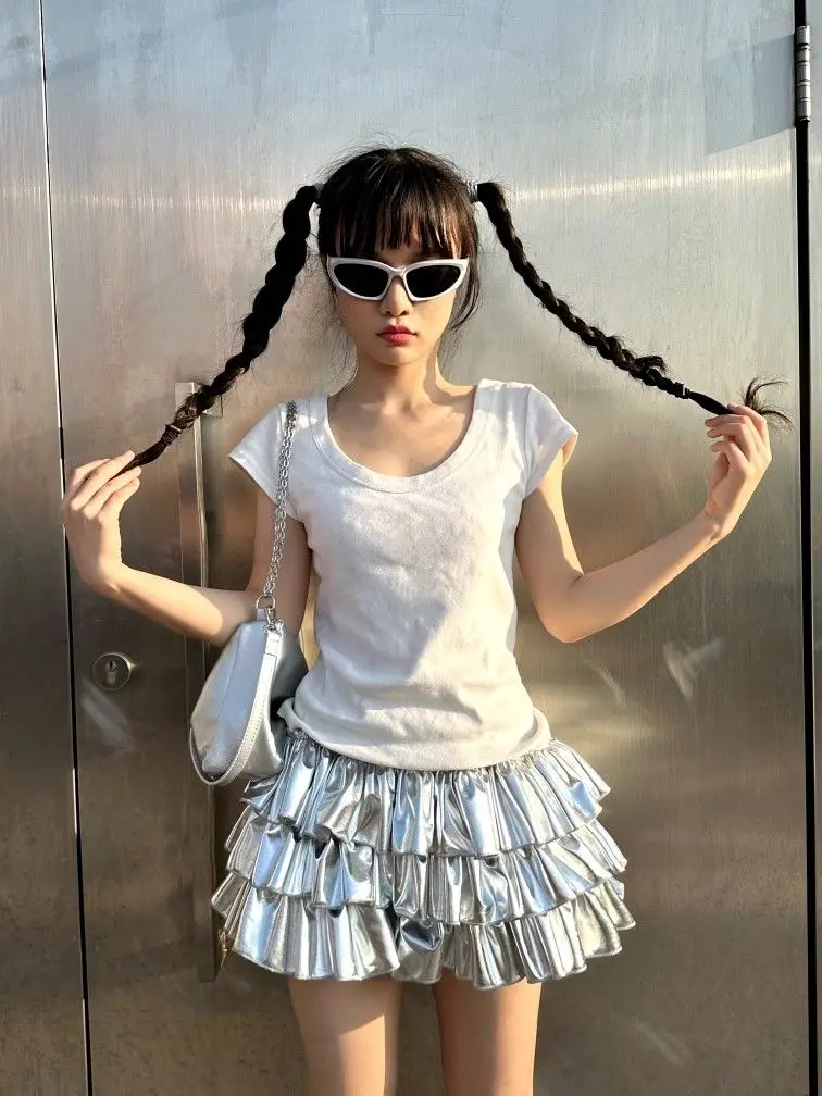 Kimotimo Silver Punk Subculture Tiered Puff Mini Skirt Alternative Spicy Girl Cake High Waist Fluffy Ruffle Short Skirts Women