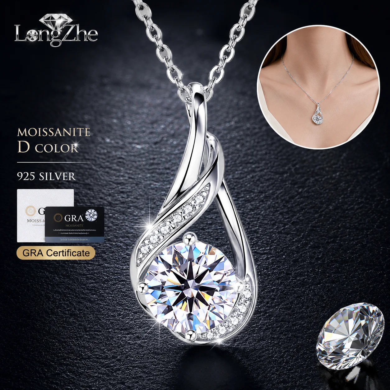 S925 Silver Water Drop Moissanite Necklace Fortune Bag Pendant with AAAAA Zircon Side Stones for Women Gift Jewelry