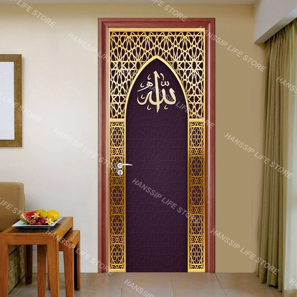 Traditional Moroccan Ceramic Mosaic Door Wrap Sticker Wallpaper Peel and Stick Retro Geometric Islamic Muslim Door Art Decals