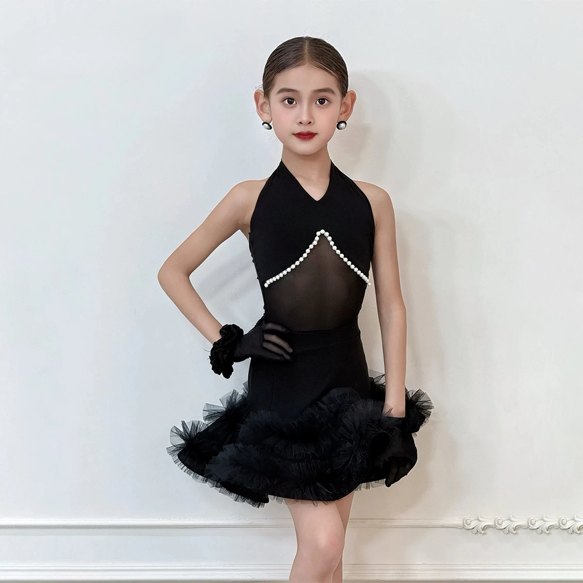 

Girls Latin Dance Dress Sleevesless Ruffle Tutu Skirt Children's Performance Costume Competition Rumba Tango Dance Dress