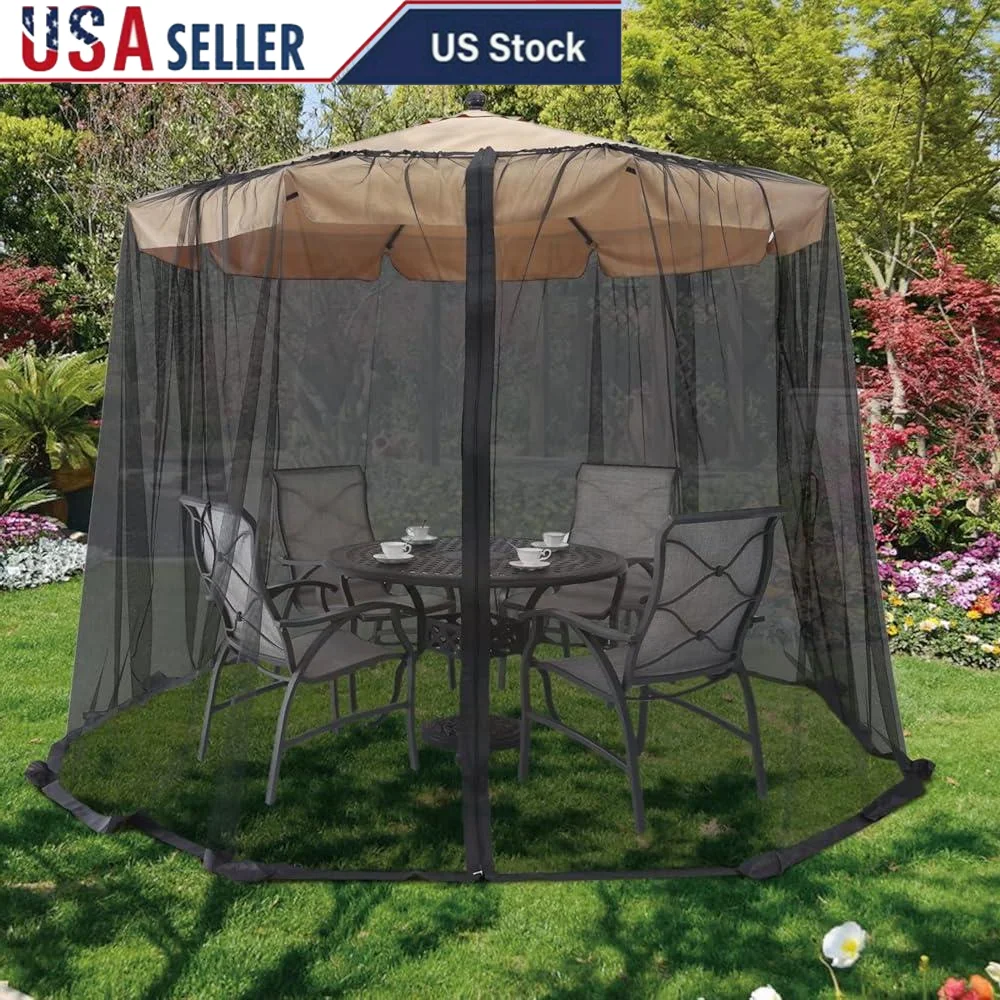 Adjustable Mosquito Net Patio Umbrella Screen with Zipper Door Durable Polyester Ventilated Mesh Easy Installation Weight Bags