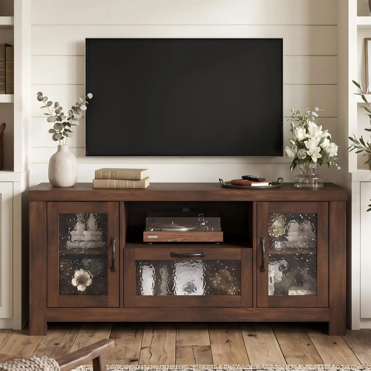 Farmhouse TV Stand for 65 Inch TV, Entertainment Center with Acrylic Door & Adjustable Shelves, Sideboard Buffet Storage Cabinet for Living Room Bedroom, Rustic Brown
