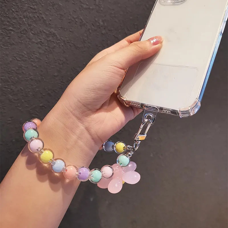 Lanyard voor mobiele telefoon Korte stijl polsband Kristallen bloem Handgemaakte kralenarmband Hanger Lanyard Anti-verloren brede polsbanden