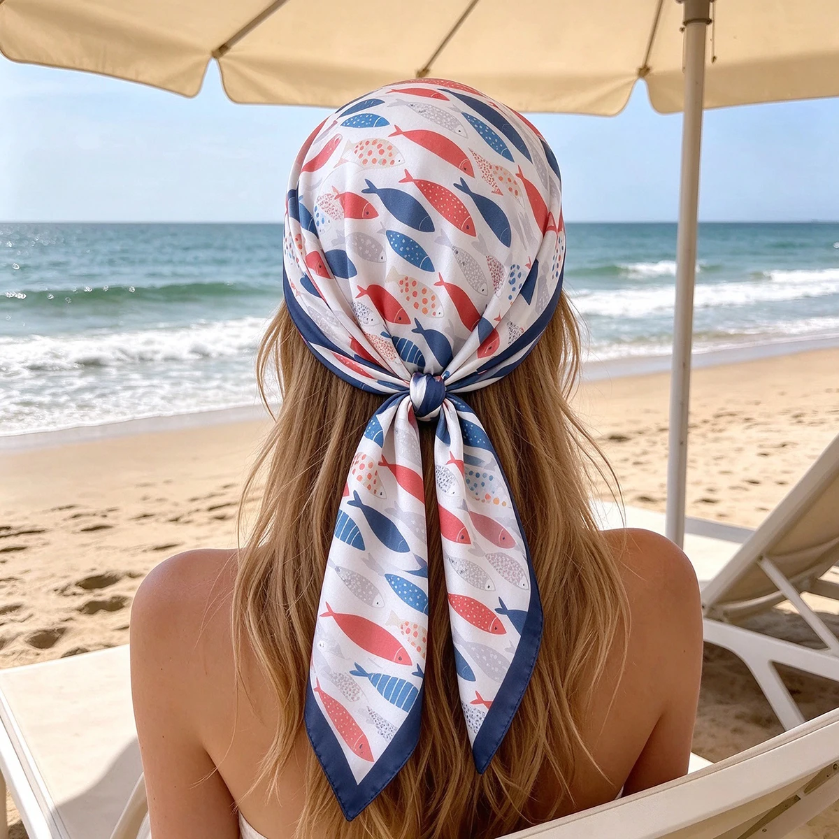 Luxury Brand Square Scarf For Women Bandanas Fish Printed Hijab Elegant Scarves Neckerchief Fashion Beach Shawl Wraps