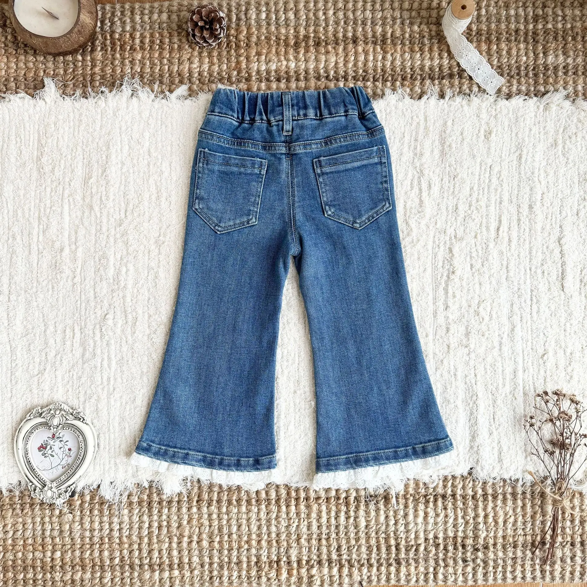 Korean Girls Jeans Fall New Kids Jeans Hem Patchwork Lace Stretch Flare Bow Knot Heart Pattern Pants