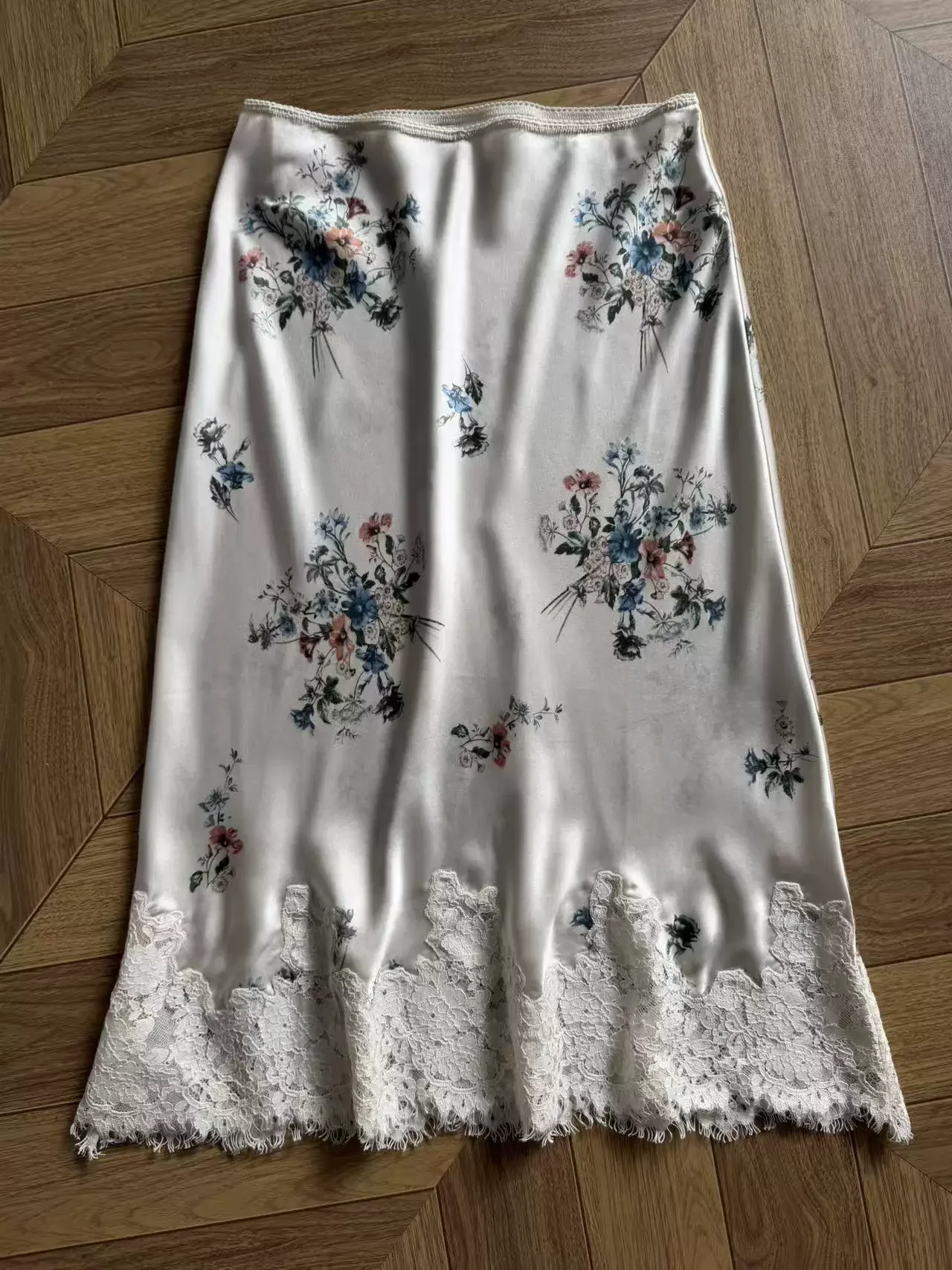 Flower Print Women Knee-length Skirt 100% Silk Lace Embroidery Patchwork High Waist Casual Slim Jupe