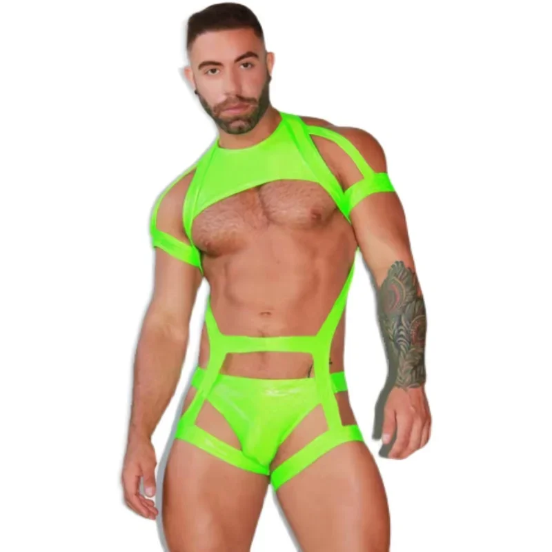Gilet musle verde fluorescente da uomo con cinturino pettorale e cinghie per le gambe per spettacoli di pole dance, discoteca, bar, costume da solo Gogo