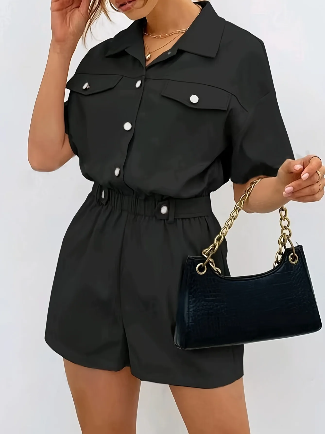 

2024 Summer Casual Overalls For Women Loose Ruched Short Sleeve V Neck Shorts Jumpsuits With Pockets Rompers Solid Bib Overall