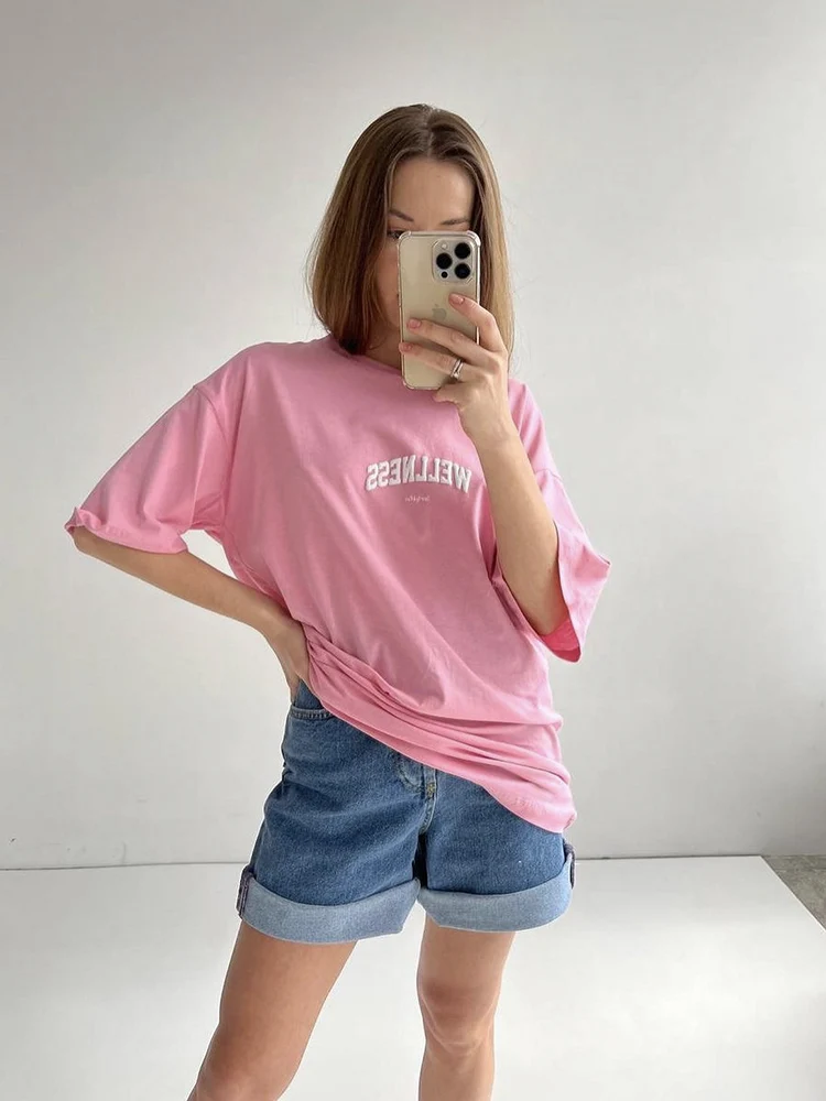 Hirsionsan Small Wellness Letter Print T-Shirt Short Sleeve Crew Neck Vintage Casual Top for Summer Spring Women\'s Y2k Top 2024