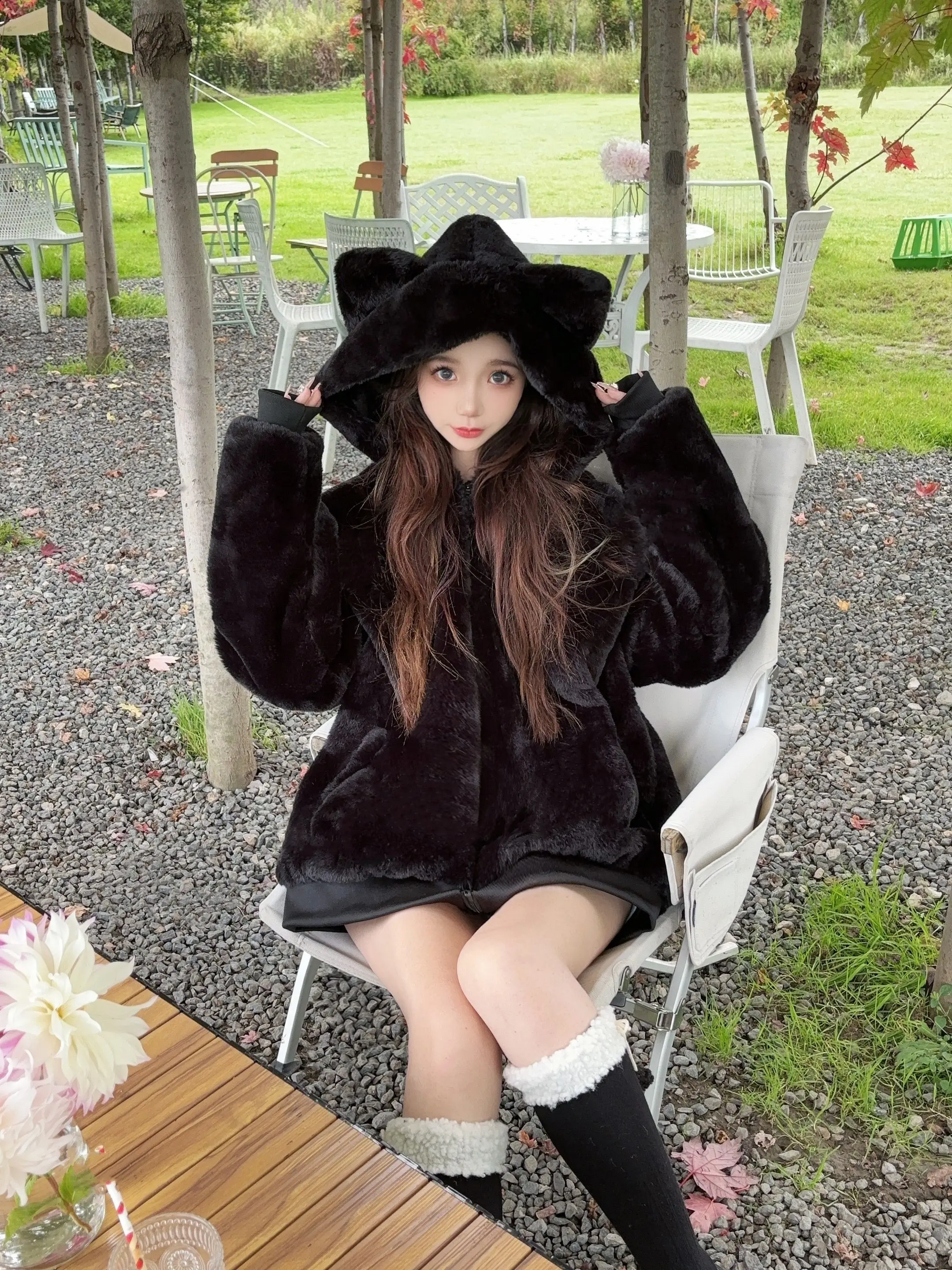 

Original Ear Fluffy Fem Jaet Autumn Winter Warm Cotton Coat Sweet Japanese Sle Faux Fur Zipper Closure Long Sve