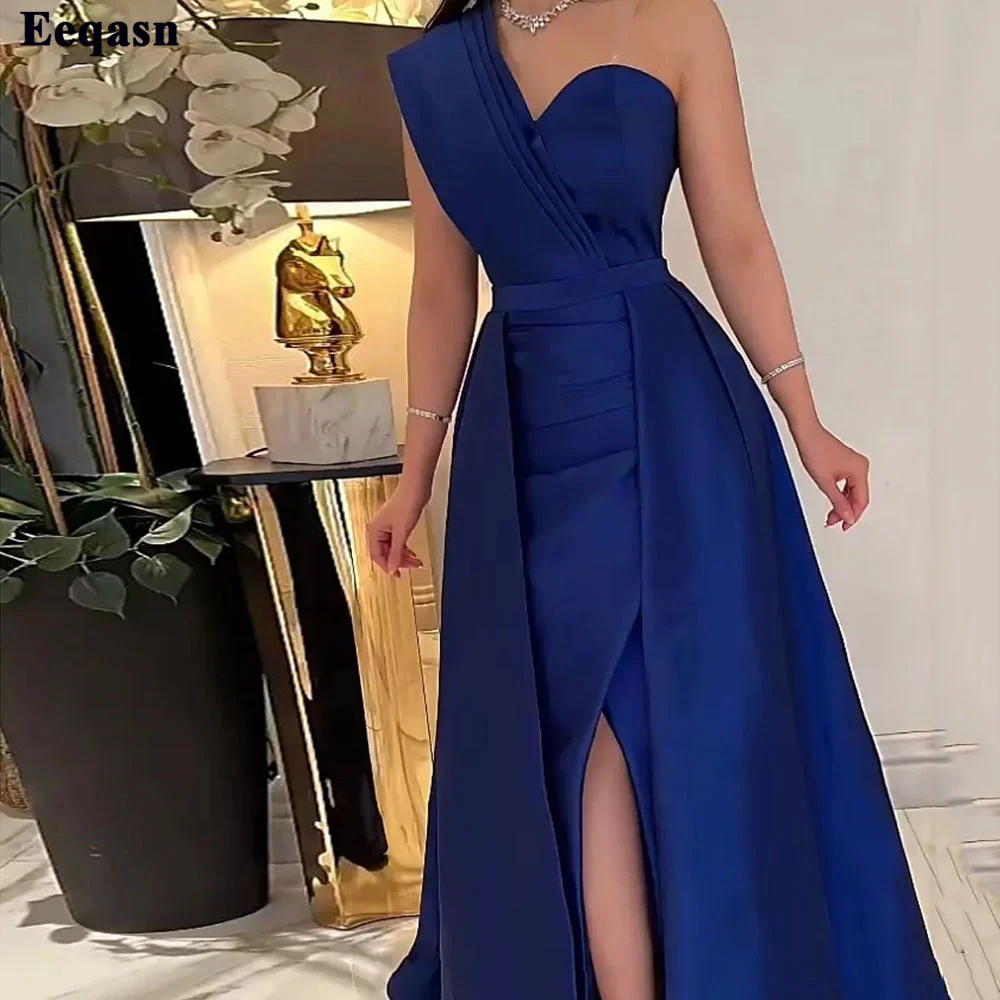 Eeqasn Dark  Blue Arabic One Shoulder Evening Dresse Sleeveless Satin Side Split Long Formal Prom Dress Bridesmaid Party Gown