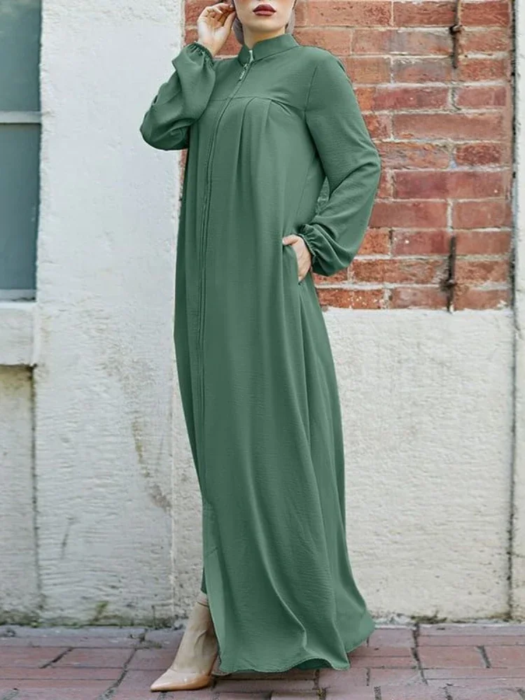 Jalabiya-Vestido de manga larga para mujer, caftán musulmán con cuello levantado, Abaya, Ramadán, Abayas, bata con cremallera