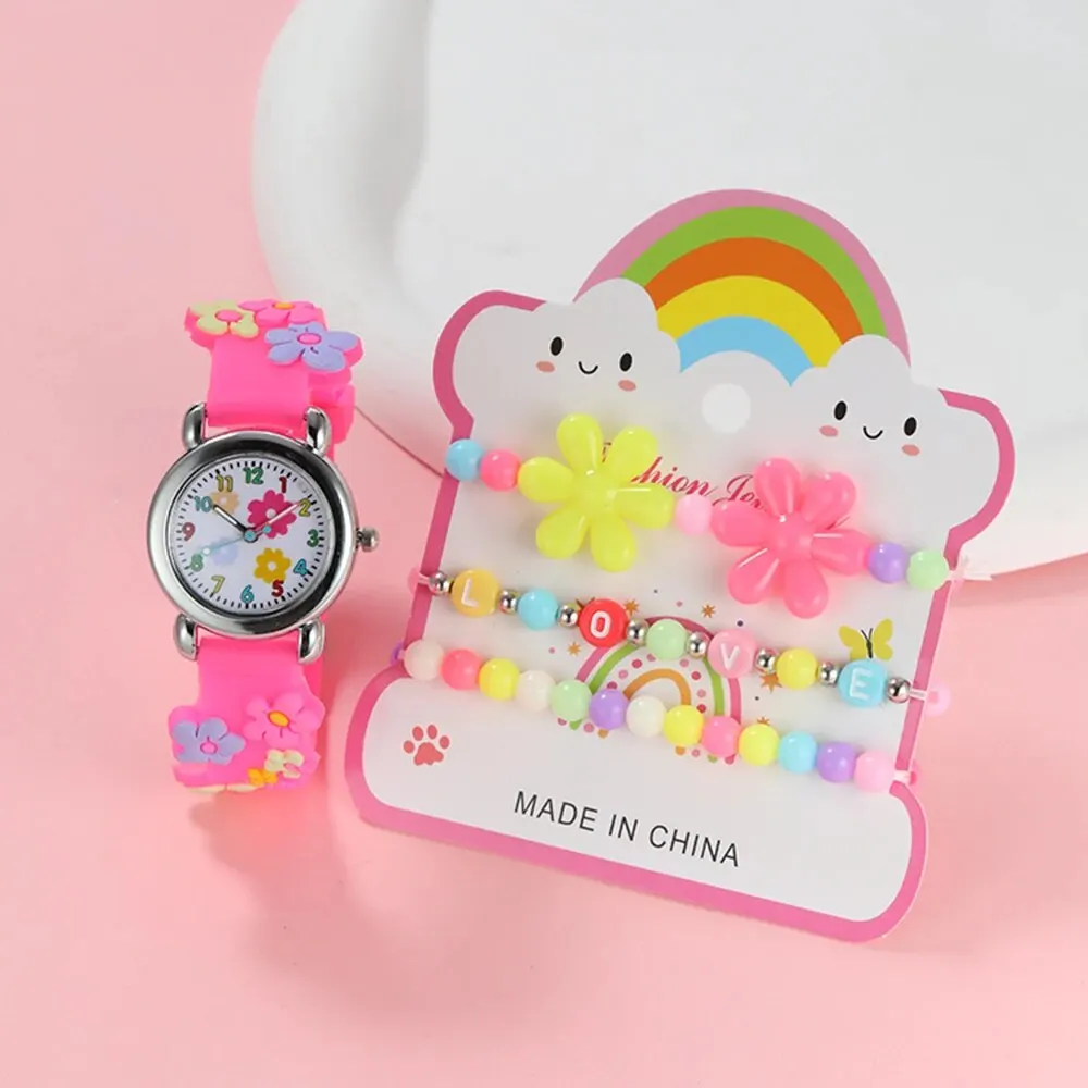 4pcs Girls' Children's Flower Pattern Watch Silica Gel Quartz Watch Jewelry Set Children's Colorful Bracelet Set