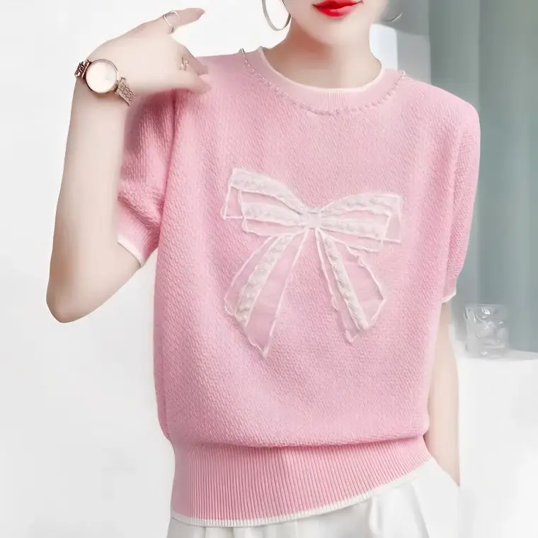 New Short-sleeved Knitwear Women O-neck Bows T-shirt Wool Cotton Blend Pullover Summer Bottoming Tops Sweater Solid Soft A768