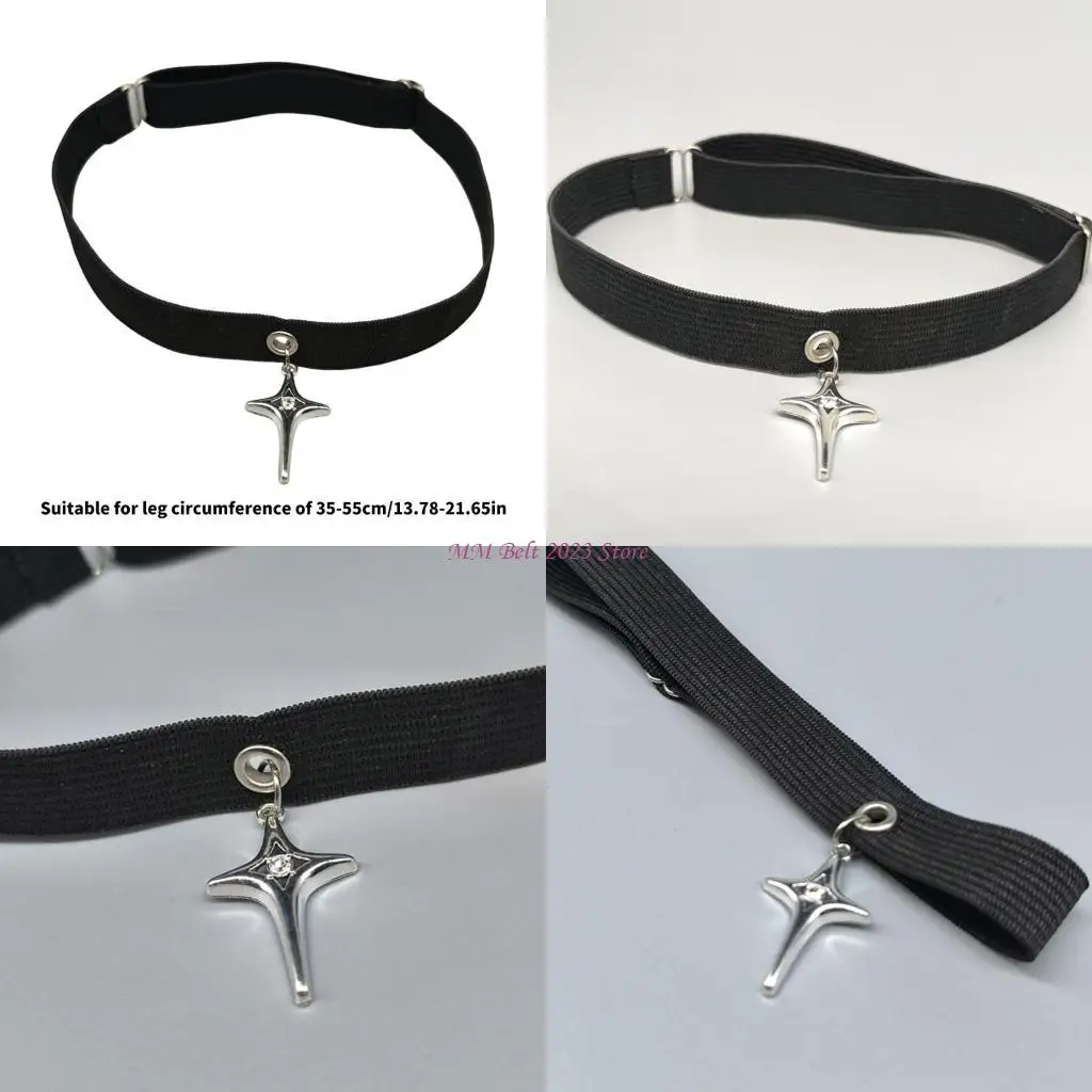 

49ME Gothic Black Elastic Leg Harness Strap with Star Pendant Thigh Garter for Women