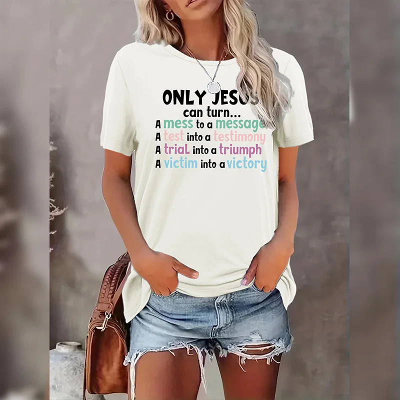 

Only Jesus Can Turn Print Women Short Sleeve T-Shirt Comfortable and Stylish Casual Tee with Slight Stretch