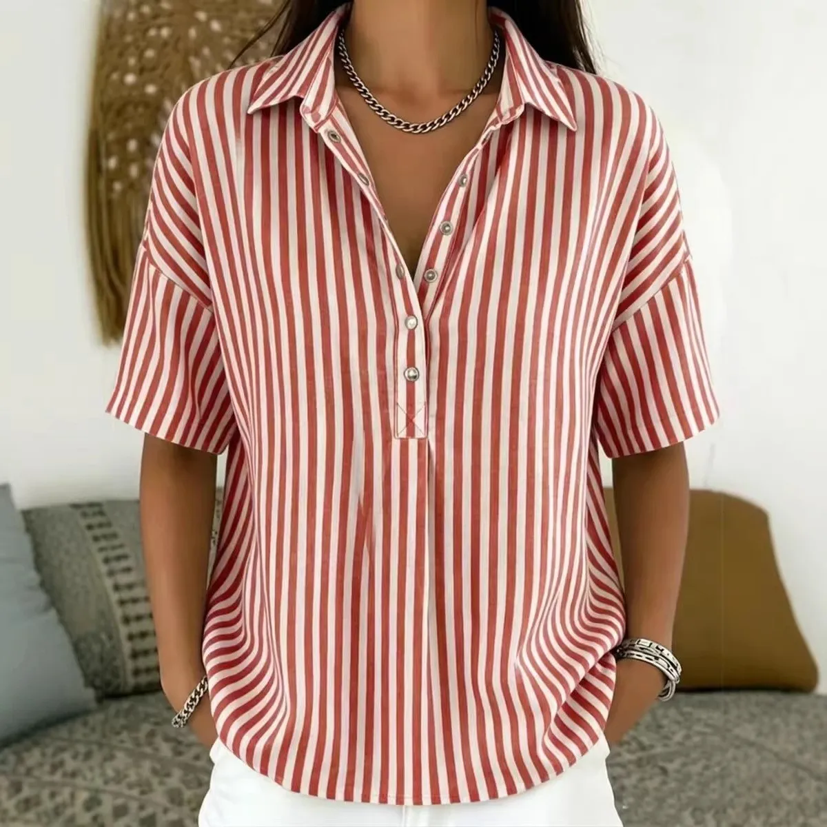 

Women Blouse Light Green Striped Blouses Women's Turn Collar Button Down Shirt Oversized Short Sleeve Shirt Woman Clothing