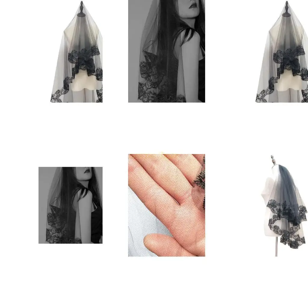 31BF Velo novia Mantilla negra capa para mujer y niña, adorno encaje Floral bordado para