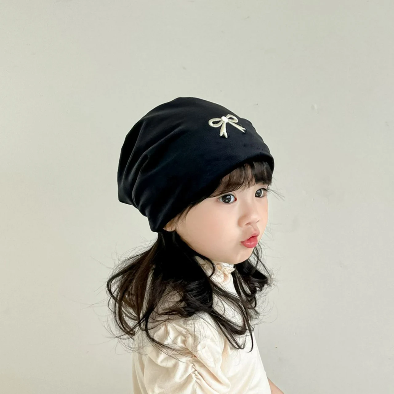 แฟชั่นเด็ก Pile หมวกสาวญี่ปุ่นโบว์หมวกฤดูใบไม้ผลิฤดูใบไม้ร่วงเด็ก Skullcaps สีทึบเด็กยืดหยุ่น Bonnet 2-8Year