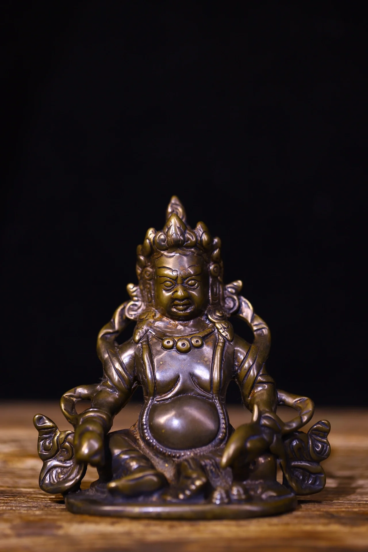 

5"Tibetan Temple Collection Old Bronze Cinnabar Yellow Jambhala Huang Caishen Sitting Buddha Worship Hall Town house