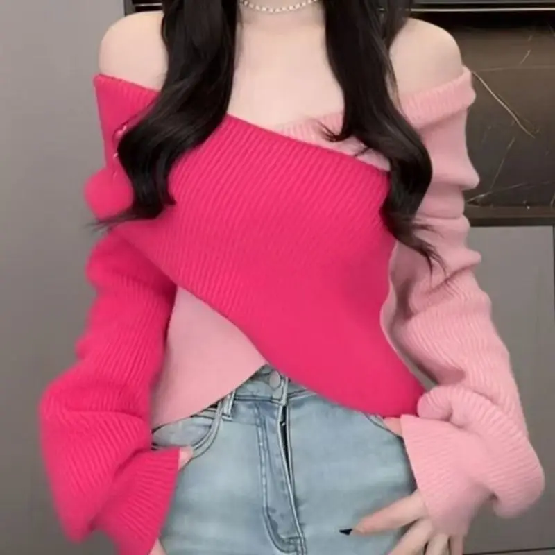 Elegante camicetta asimmetrica in maglia con scollo a V e maniche svasate per le donne Abbigliamento casual slim fit moda primavera autunno