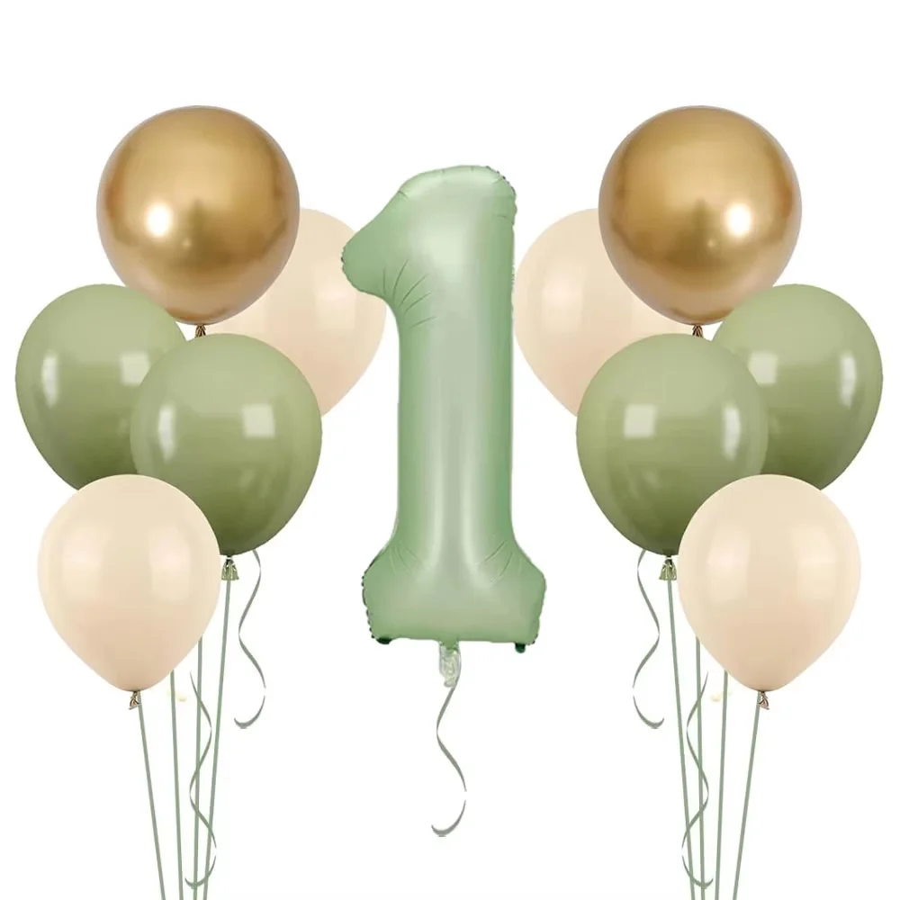 Ensemble de 11 ballons en latex de 32 pouces, couleur vert sauge, blanc sable, vert avocat, or, pour les décorations de 1er anniversaire de garçon ou de fille
