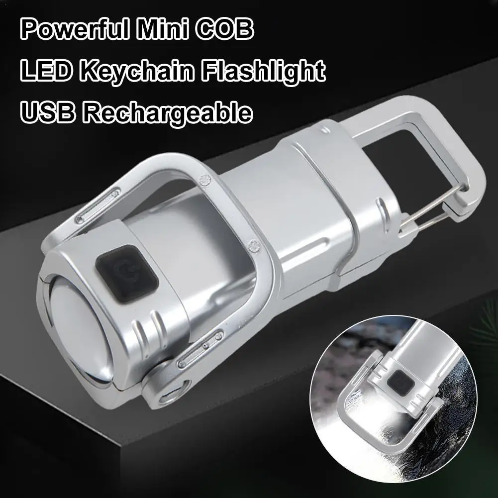 Powerful Mini COB LED Keychain Flashlight USB Rechargeable With Hook For Outdoor Night Camping Walking Light Emergency Lamp