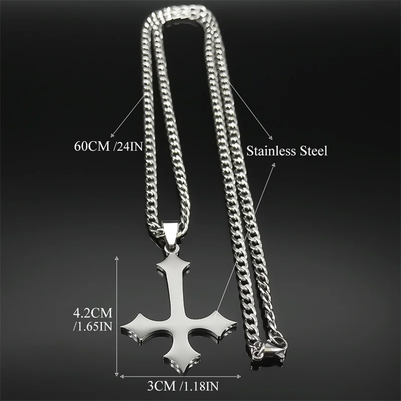 Gotische Punk-Halskette mit umgekehrtem Kreuz-Anhänger für Damen und Herren, Edelstahl, schwarz, silberfarben, Vintage-Kette, Schmuck, Party-Geschenk – Detail 3