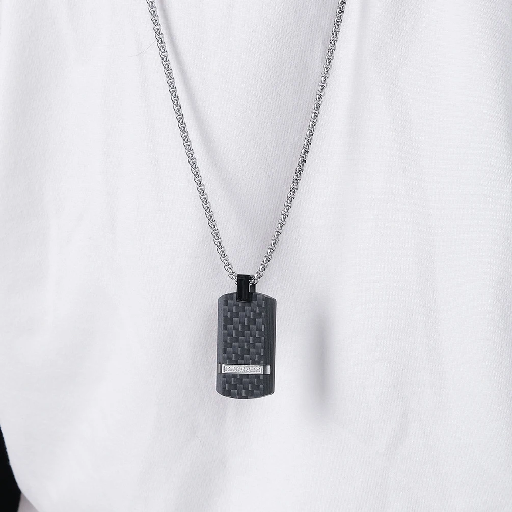 Men\'s Personalized Necklace Black Pure Carbon Combination Stainless Steel With White Zirconia Military Pendant