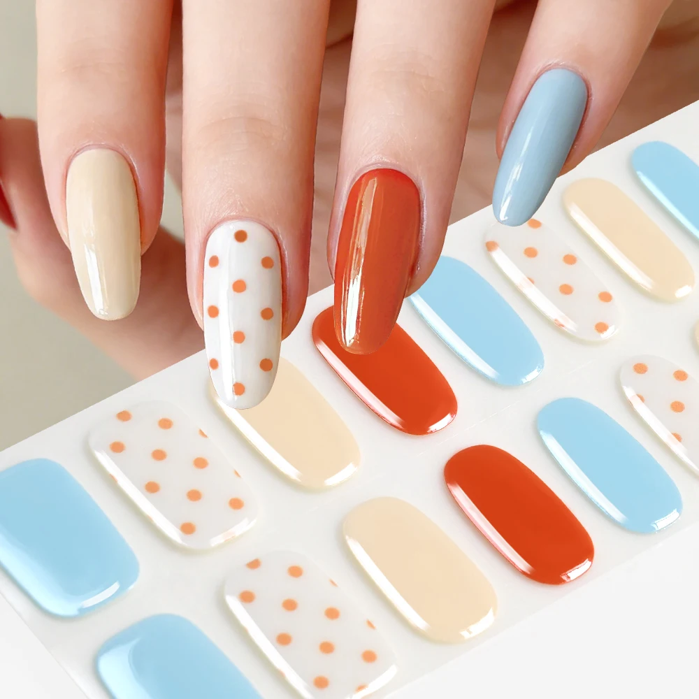 16Tips Burgundy Yellow Plaid & Polka Dot Nail Gel Stickers Semi-Cured Press On Nail Art Wraps for DIY Manicure Decoration Slider