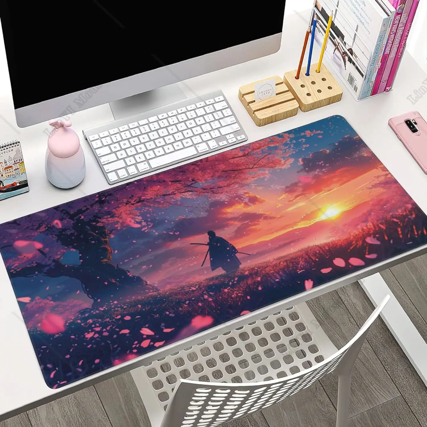 Samurai and Cherry Blossoms Large Large Gaming Mouse Pad  with Non-Slip Rubber Base Stitched Edges for Home Office 35.4X15.7 In