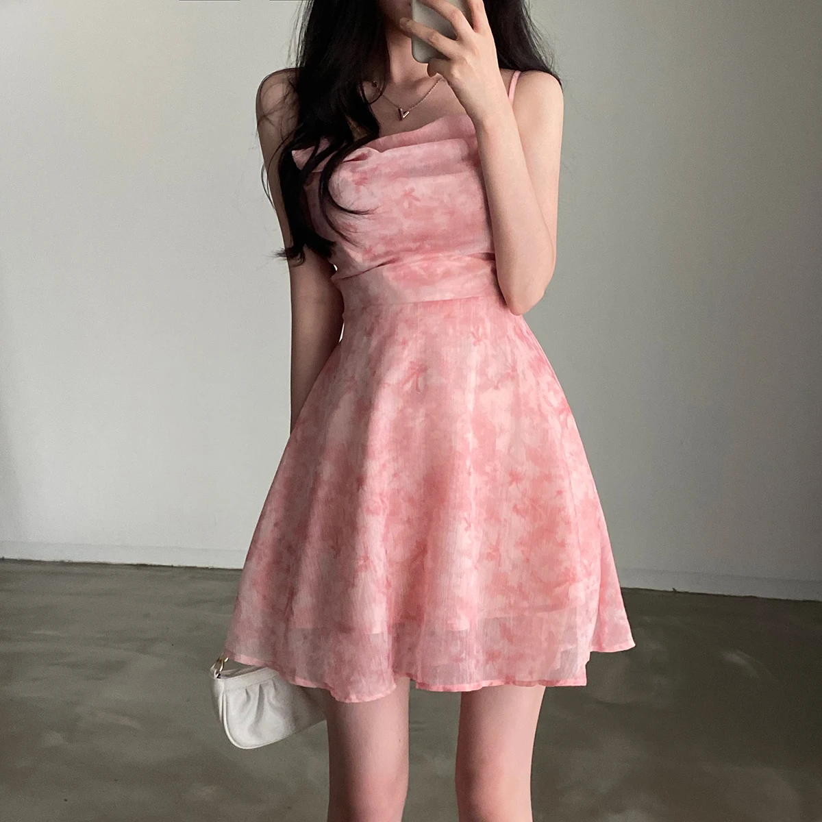 

SML Pink Romantic Floral Spaghetti Slip Dress Women 2025 Summer Slim Elastic High Waist Party Club Mini Dresses Female(Y1798