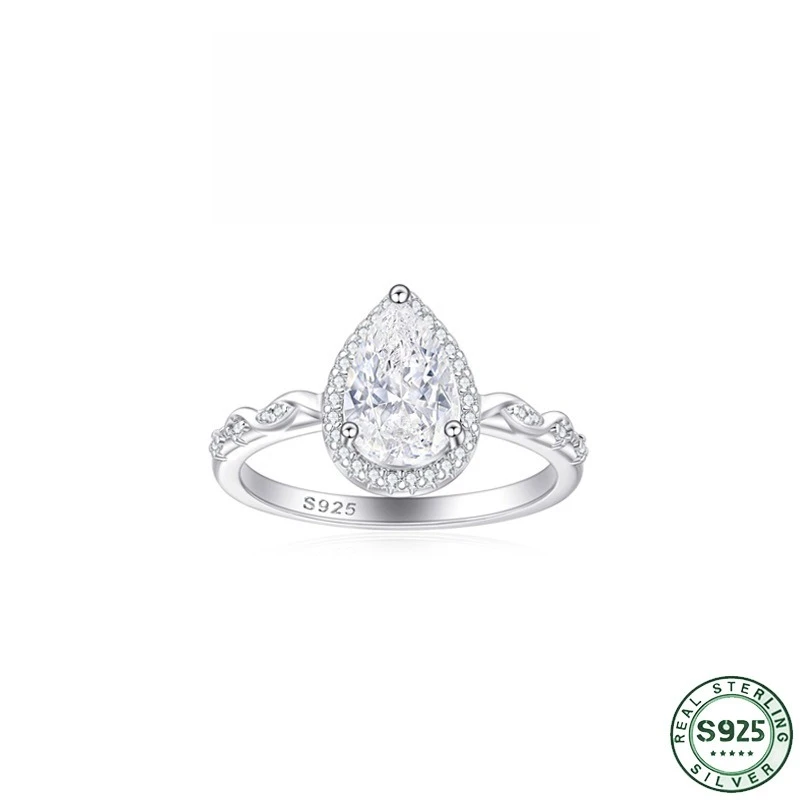 Hot selling 100% S925 pure silver 1.5ct water drop zircon pattern design ring with high-end silver ring wedding jewelry
