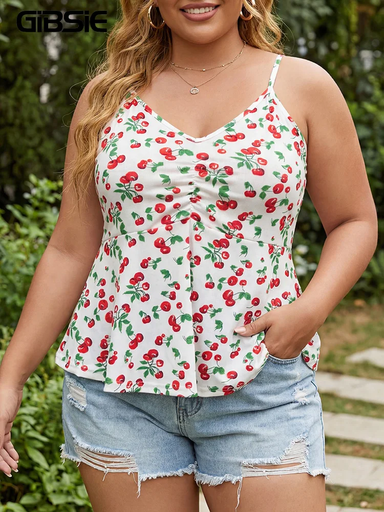 

GIBSIE Plus Size Cherry Print V-Neck Cami Top Women Summer Sweet Slim Sleeveless Peplum Tops Street Casual Female Camisole