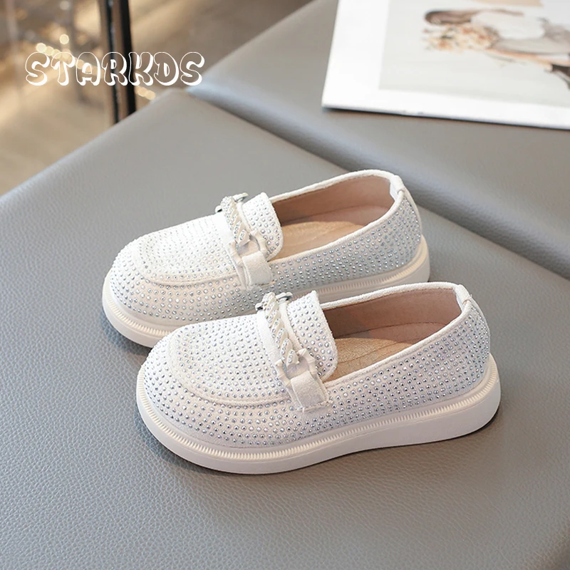 Bling Rhinestone Covered Loafer Kid Girl Thick Sole Braided Buckle Slip-on Flat Shoe Child Brand Design Crystal Princess Zapatos