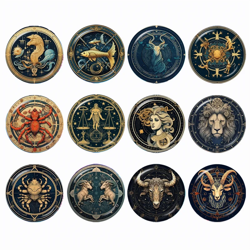 New 12 Constellation Zodiac Signs 10Pcs 12mm/16mm/18mm/20mm/25mm/30mm Round Photo Glass Cabochon Demo Flat Back Making Finding