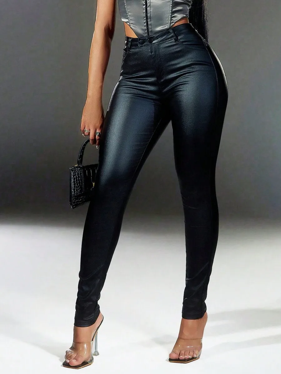 

Street High Waist Slant Pocket Double Button PU Leather Skinny Stretchy Tapered Pants Punk Music Festival