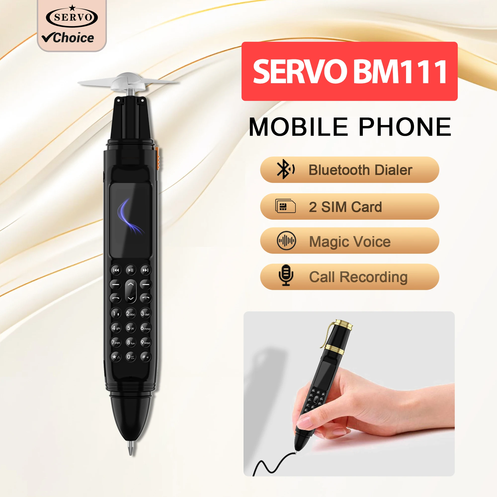SERVO BM111 Pen Mobile Phone Portable Fan Dual SIM Bluetooth Dial Record Magic Voice FM Radio 2G GSM 3-in-1 Handwriting Pen Fan