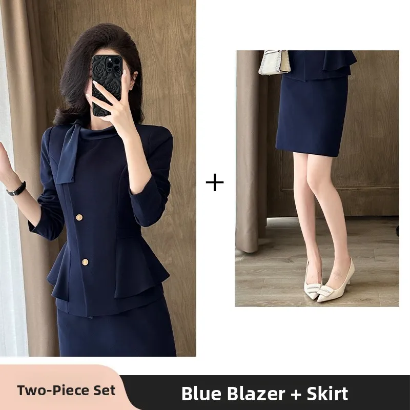 Length blue suit + skirt