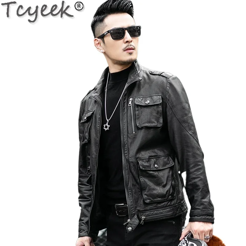 Tcyeek Real Leather Jacket Men Sheepskin Coats Spring Autumn Mens Clothes Motocycle Jacket Vegetable Tanning Jaqueta De Couro